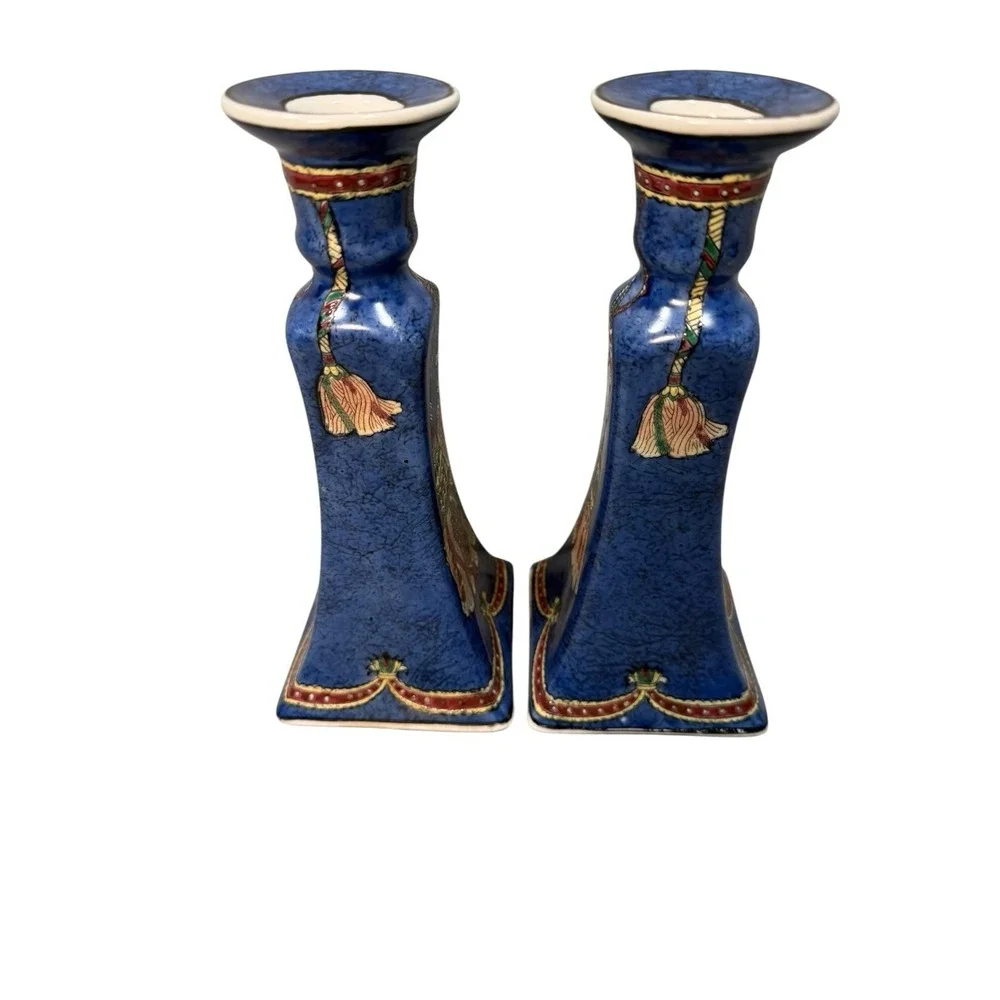 VTG Blue Cloisonne Porcelain Candlestick Holders Pair Chinese 8